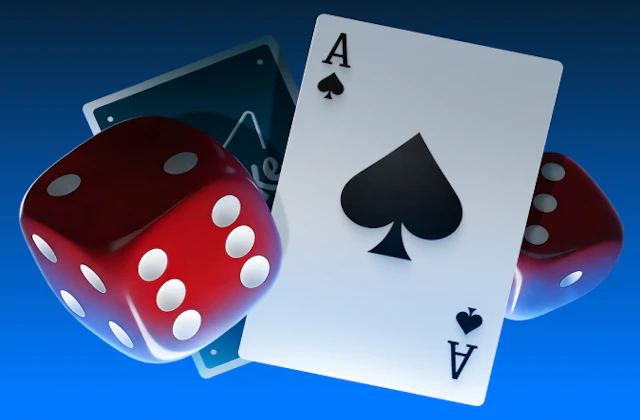 Pieza de entrada al casino publicada por el sitio: dos dados rojos y un as de picas sobre fondo azul.