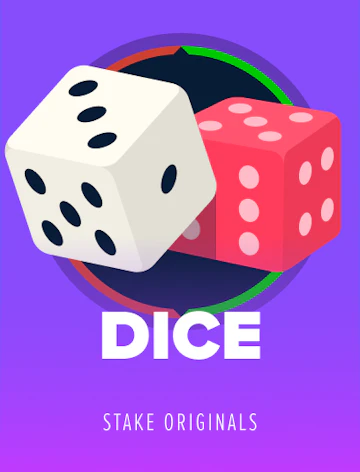 Ficha vertical de Dice: un dado blanco y uno rosa sobre un círculo oscuro con borde verde y rojo, fondo violeta y el título DICE.
