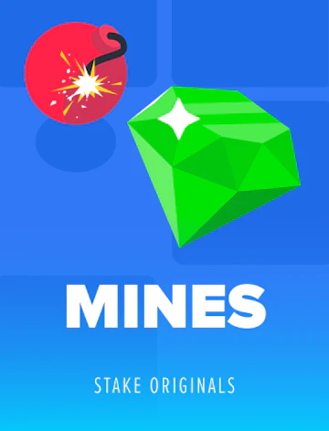 Ficha de Mines: una bomba roja encendida junto a una gema verde sobre fondo azul, con el título del juego.