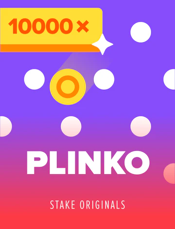 Ficha de Plinko: bolita amarilla entre discos blancos sobre fondo violeta, con un cartel de multiplicador de cuatro cifras.