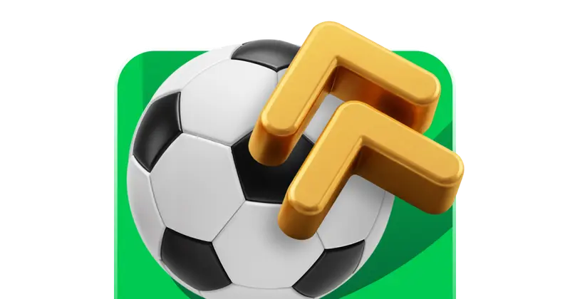 Pieza promocional horizontal: una pelota de fútbol junto a un símbolo dorado de dos flechas ascendentes, sobre fondo verde.