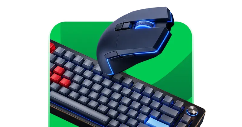 Pieza promocional horizontal: un teclado mecánico oscuro y un mouse gamer con luz azul sobre fondo verde.