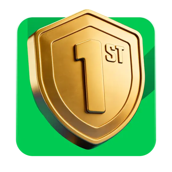 Pieza promocional cuadrada publicada por el sitio: un escudo dorado con la inscripción 1ST sobre fondo verde.