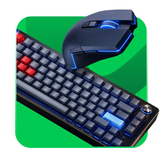 Pieza promocional cuadrada: un teclado mecánico oscuro con teclas rojas y azules y un mouse gamer con luz azul, sobre fondo verde.