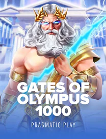 Ficha de Gates of Olympus 1000: una figura barbada con corona y un rayo, sobre columnas clásicas.