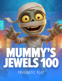 Ficha de Mummy’s Jewels 100: una momia de dibujo animado con los brazos abiertos sobre un fondo azul.