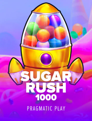 Ficha de Sugar Rush 1000: una máquina dorada de chicles llena de bolitas de colores sobre fondo violeta.