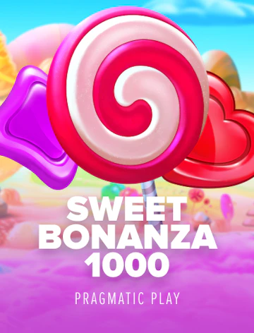 Ficha de la tragamonedas Sweet Bonanza 1000 con un caramelo espiralado sobre un paisaje de golosinas.