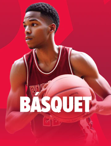 Ficha de la categoría Básquet: un jugador sostiene la pelota con ambas manos sobre fondo rojo.