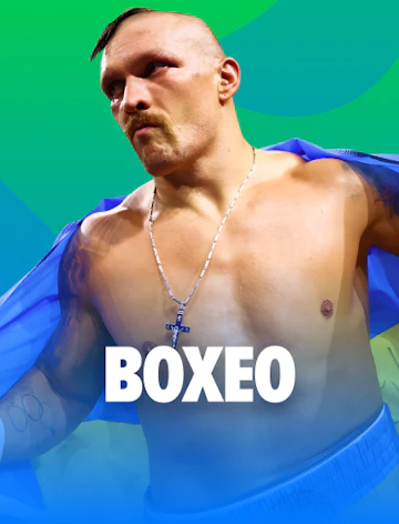 Ficha de la categoría Boxeo: un boxeador con una bandera sobre los hombros, sobre fondo verde y azul.