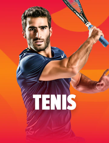 Ficha de la categoría Tenis del sitio: un tenista prepara un revés sobre fondo naranja.